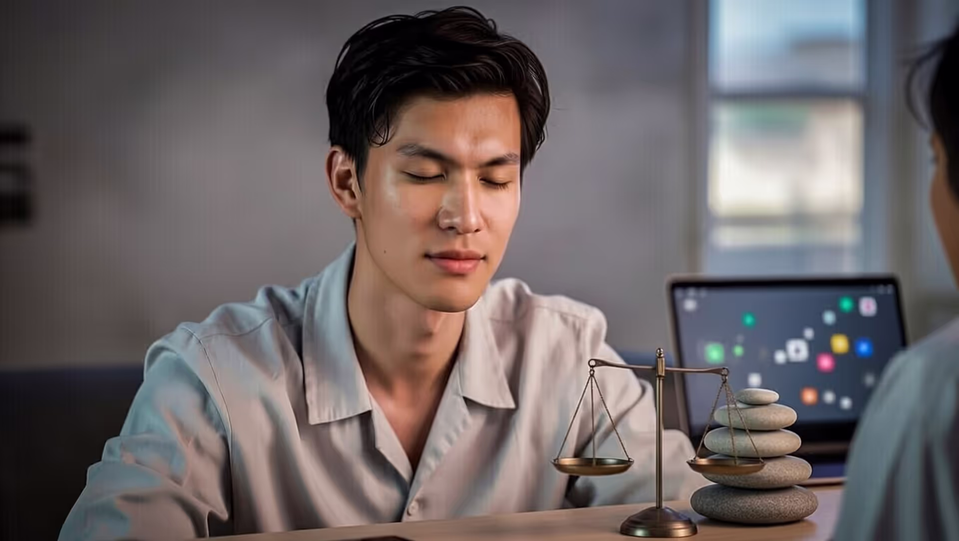 Emotional balance concept with calm person and balance symbols